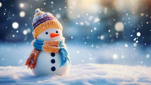 Cozy snowman in a gentle snowfall of winter light.