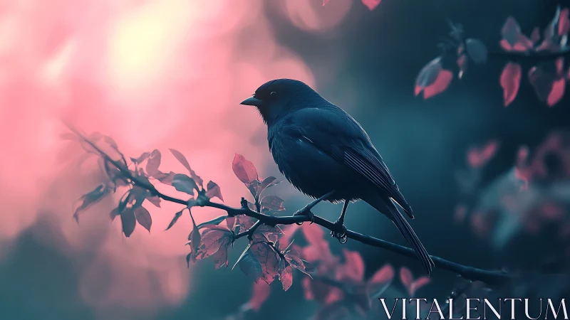 Serene Songbird on Branch in Dreamy Pink and Blue Tones.
