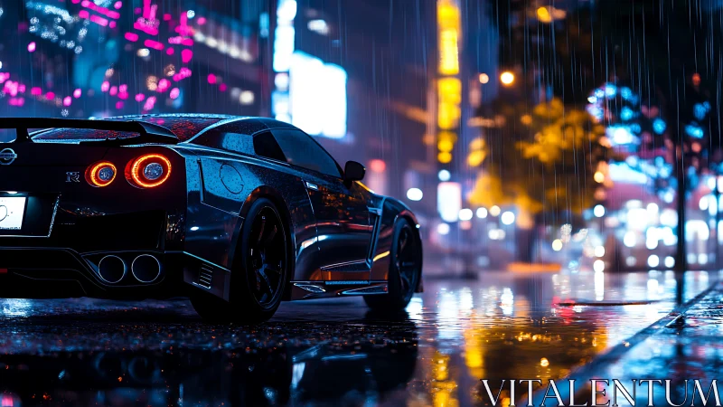 Midnight GTR glows under neon rain in reflective city street.