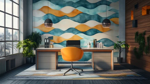 Modern office workspace showcases biophilic design and bold mural