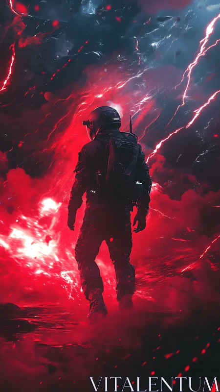 Astronaut strides through crimson storm of cosmic lightning.