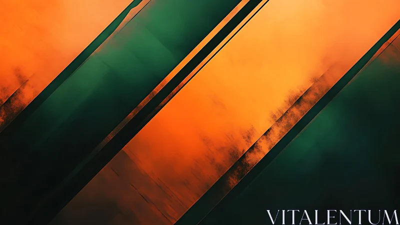 Abstract geometric art with green and orange diagonal shapes.