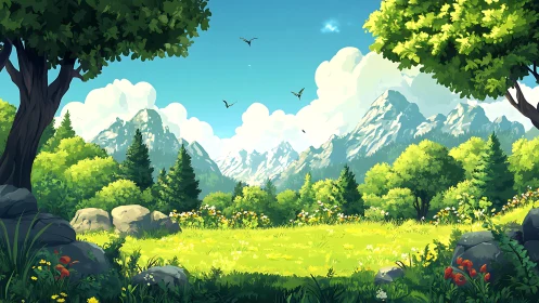 Lush alpine meadow under stylized volumetric light and layered peaks