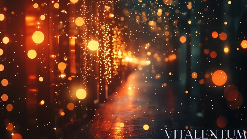 City alley glows with warm bokeh lights at night.