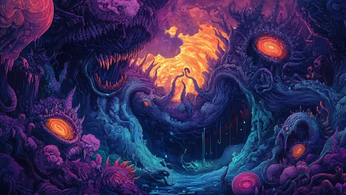 Surreal cavern of monstrous forms and molten sky portal.