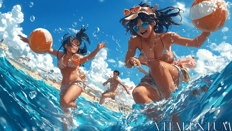 Friends playing with beach balls in bright blue surf.