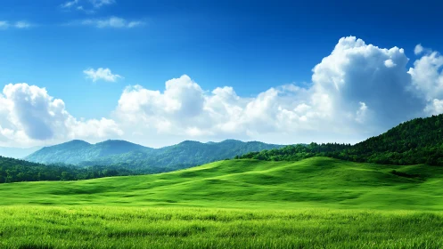 Vivid midday landscape with rolling grass hills and cumulus clouds