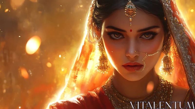 Digital portrait of Indian bride in warm bokeh backlight glow.