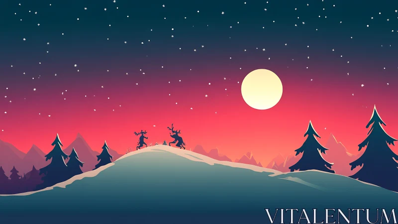 Reindeer stand beneath a glowing moon on snowy twilight hills