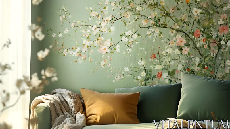Soft green sofa beneath floral mural in sunlit living room