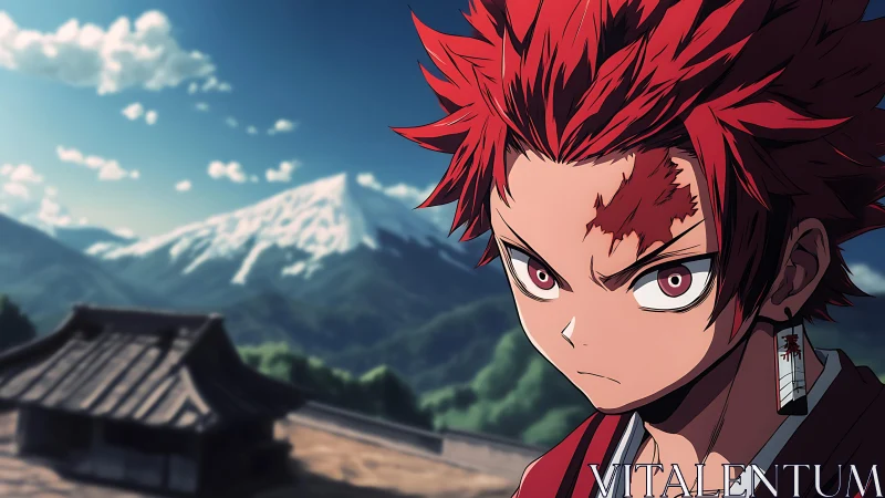 Fiery haired anime hero standing strong by snowy mountain.