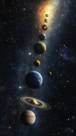 Planets aligned in deep space against bright star field.
