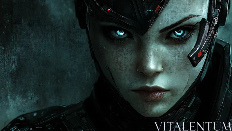 Cybernetic warrior portrait with glowing blue eyes.
