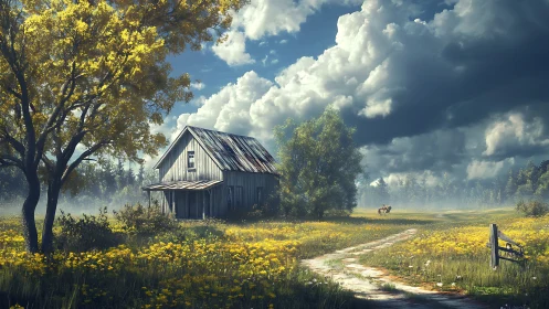 Weathered farmhouse in bright yellow meadow under storms