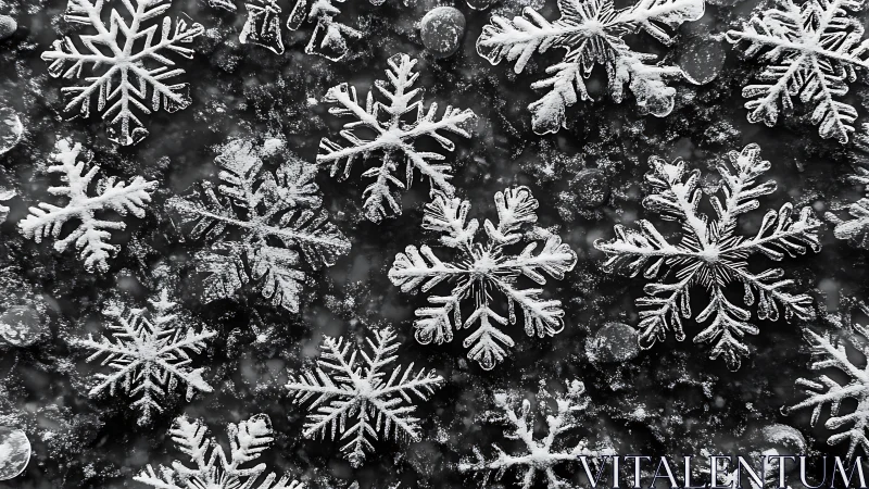 Macro view of detailed snowflakes on dark frozen surface.