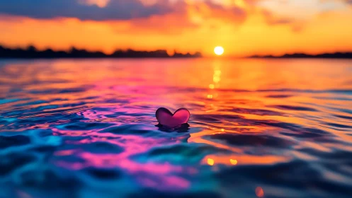 Luminescent Heart Floating on Water at Golden Hour Sunset