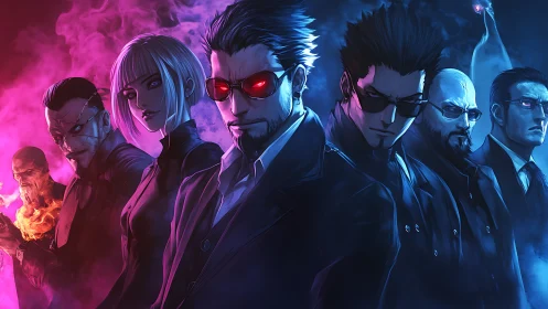 Seven anime agents stand in neon red and blue split lighting