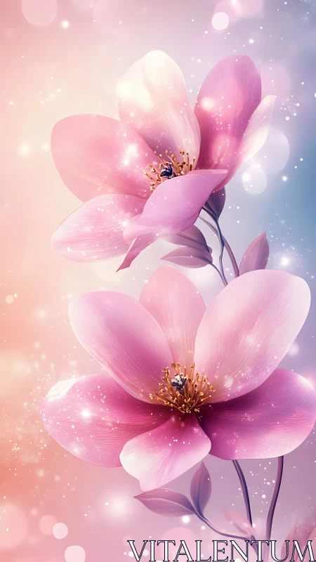 Pink luminescent flowers with glowing particle effects