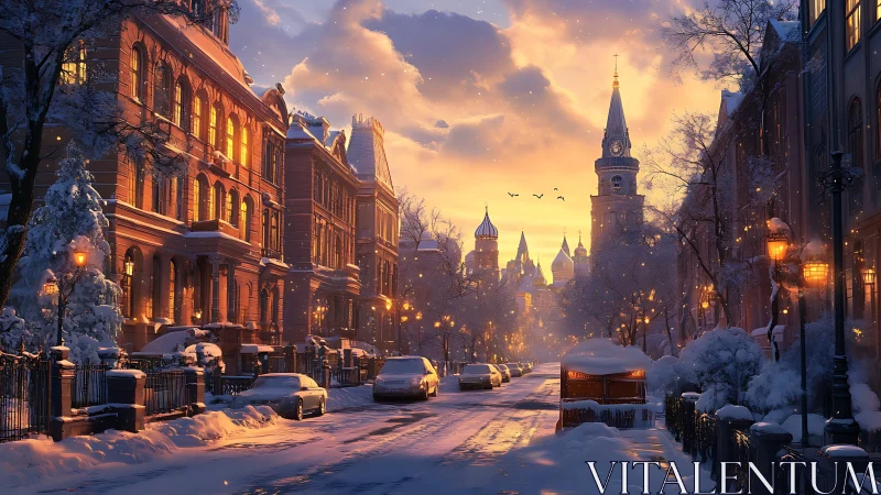 Snowlit city boulevard melting into a storybook sunrise.