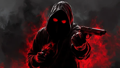 Mysterious hooded figure glowing in bold crimson light.