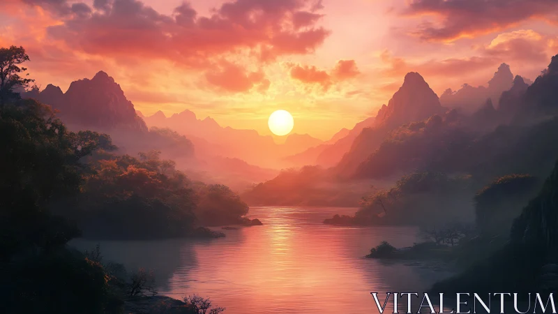 Vivid sunset over misty river valley and sharp mountains.