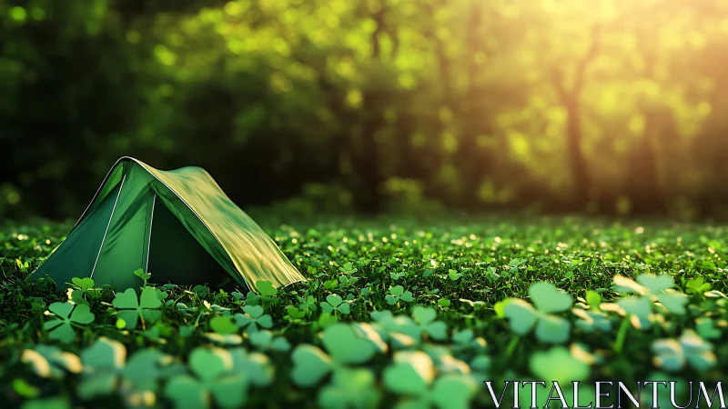 Green camping tent stands on clover field in soft sunlight