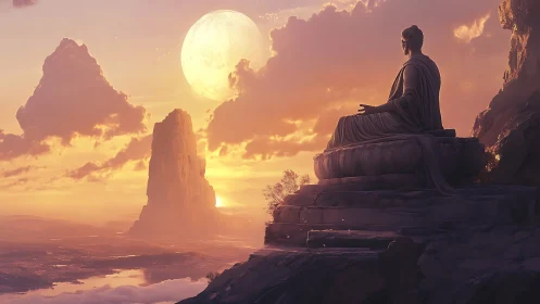 Soft dawn light embraces a serene cliffside statue in calm