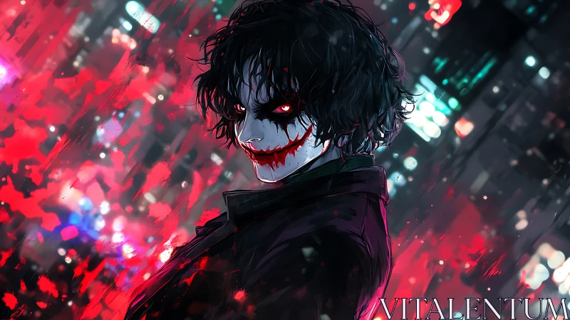 Smirking masked figure in red streaked cyberpunk cityscape.