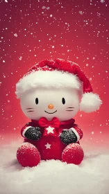 Snow-kissed Santa kitty plush in candy red wonderland.
