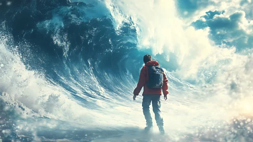 Solitary traveler stands before towering frozen ocean wave