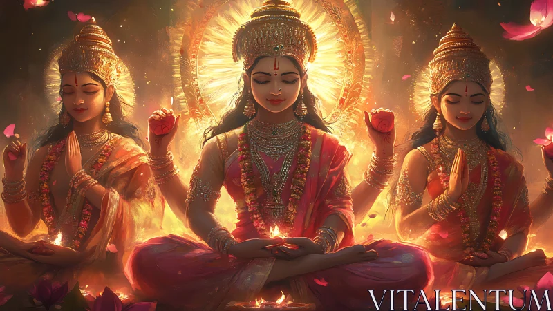 Radiant trinity of goddesses in luminous lotus firelight.