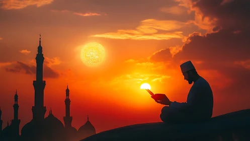 Sunset devotion beside mosque domes in vivid silhouette.