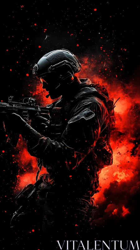 Silhouetted tactical operator rendered against explosive red particle cloud