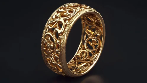 Ornate gold ring with intricate floral filigree on dark background.