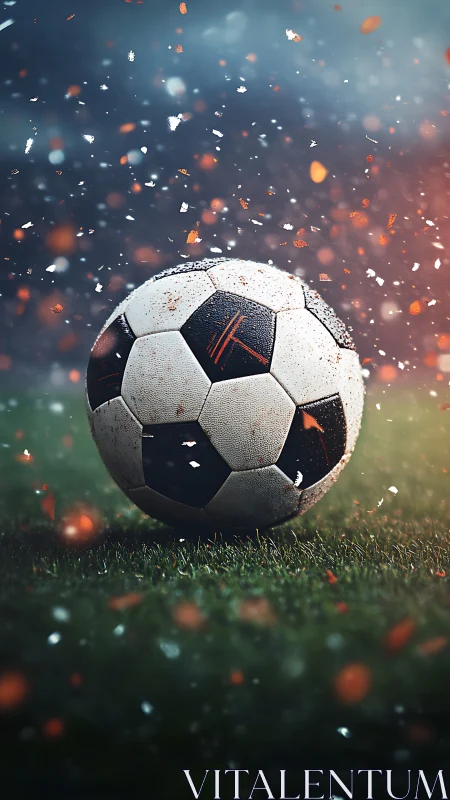 Textured football on wet turf amid dynamic particle field.