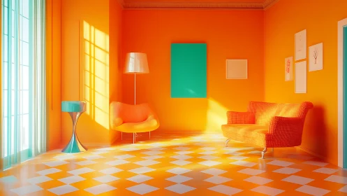 Digital interior rendering with bold orange monochrome scheme.