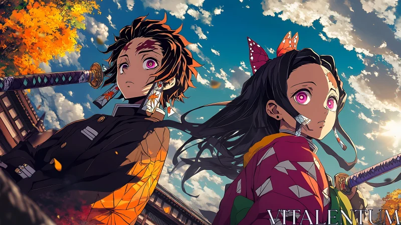 Anime duo in dynamic autumn battlefield composition.