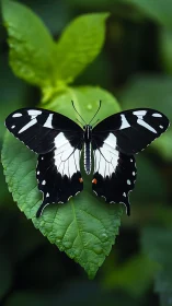 Black white swallowtail butterfly on dewy leaf background.