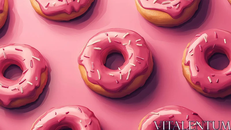 Pink frosted donuts arranged on glossy pastel backdrop.