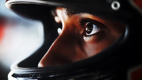 Focused racer’s gaze framed within glossy black helmet.