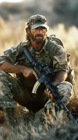 Soldier in camouflage holding rifle in dry grassland field.