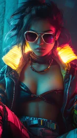 Cyberpunk street rebel sits under neon glow wearing shades