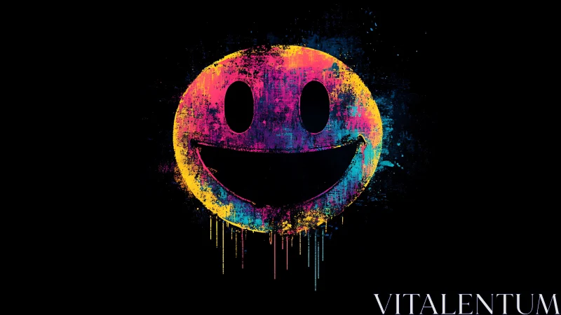 Neon CMYK smiley graffiti with paint drips on black field