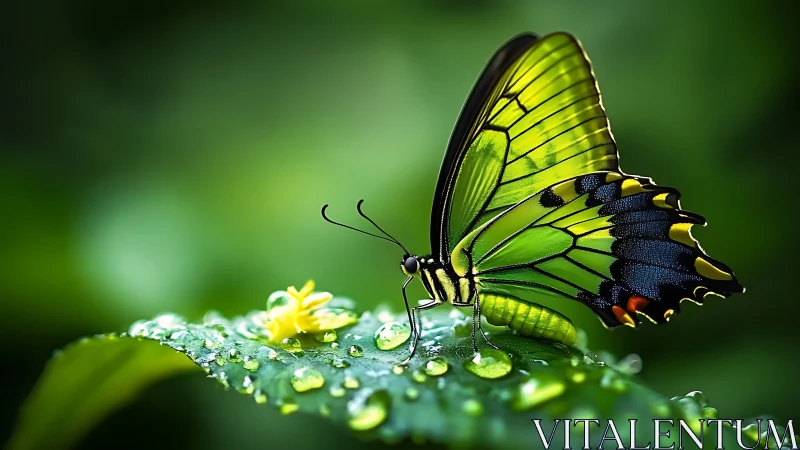 Emerald butterfly on dewy leaf in high-detail macro frame.