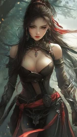 Warrior sorceress in dark leather armor with red accents.