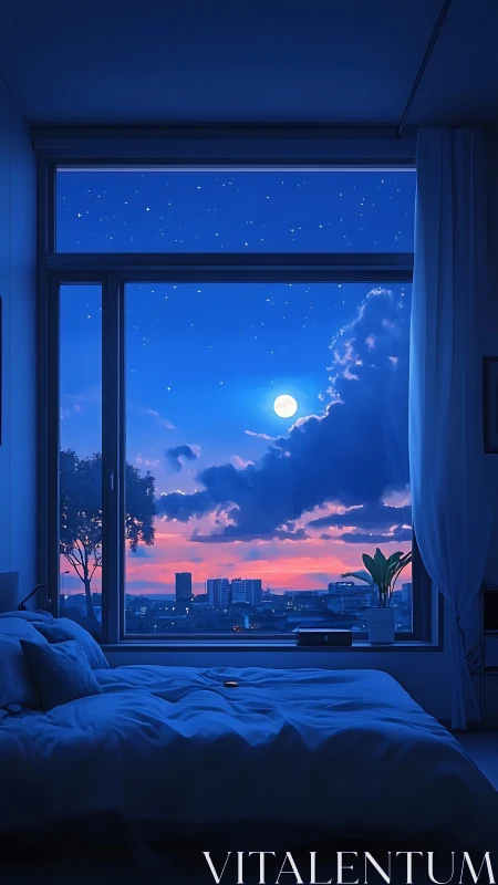 Bedroom interior frames moonlit urban skyline at dusk