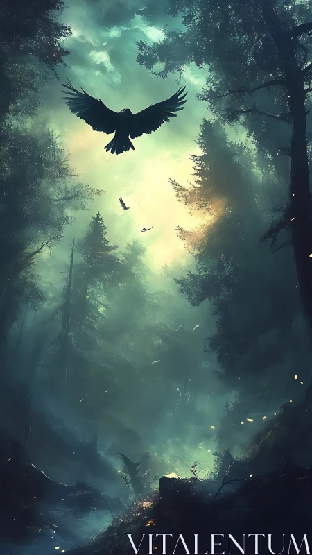Raven rides the forest sunrise like a dark, gliding spell