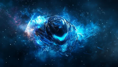 Stellar cyber suit bursting through a glowing blue nebula.