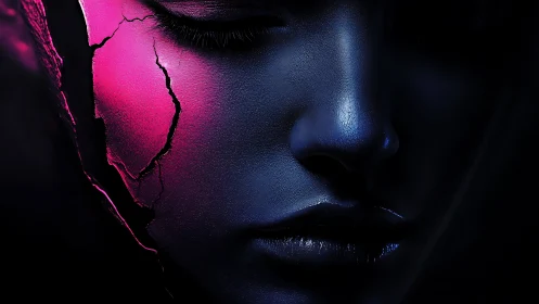 Cracked neon face in dark moody digital portrait art.