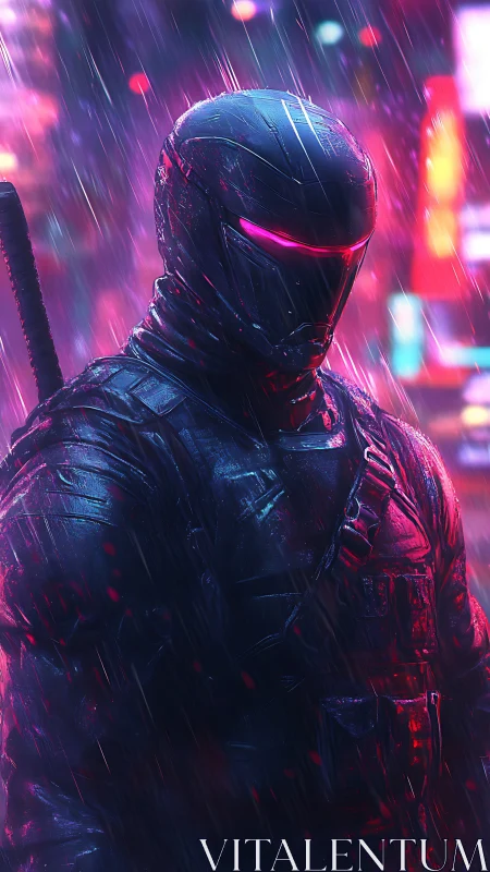 Neon city vigilante standing calm in the glowing night rain.